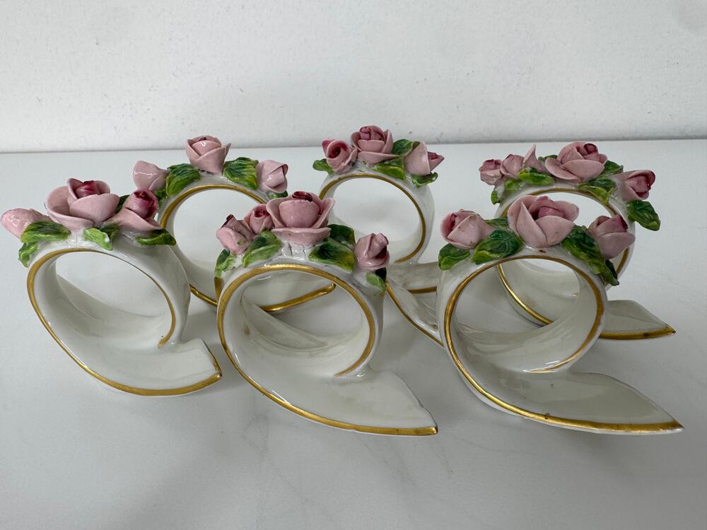 Vintage Dresden Porcelain Napkin Rings Applied Pink Roses Gold Trim Set of 6